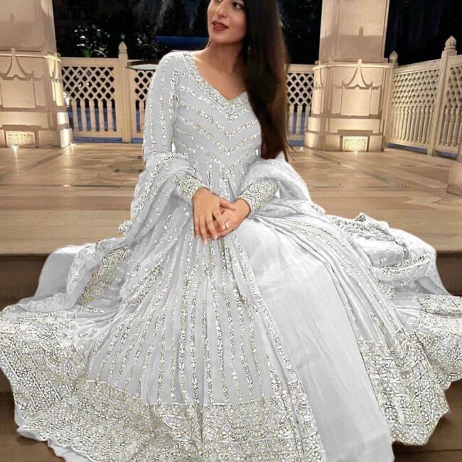 White Color Faux Georgette Fabric Top Lehenga
